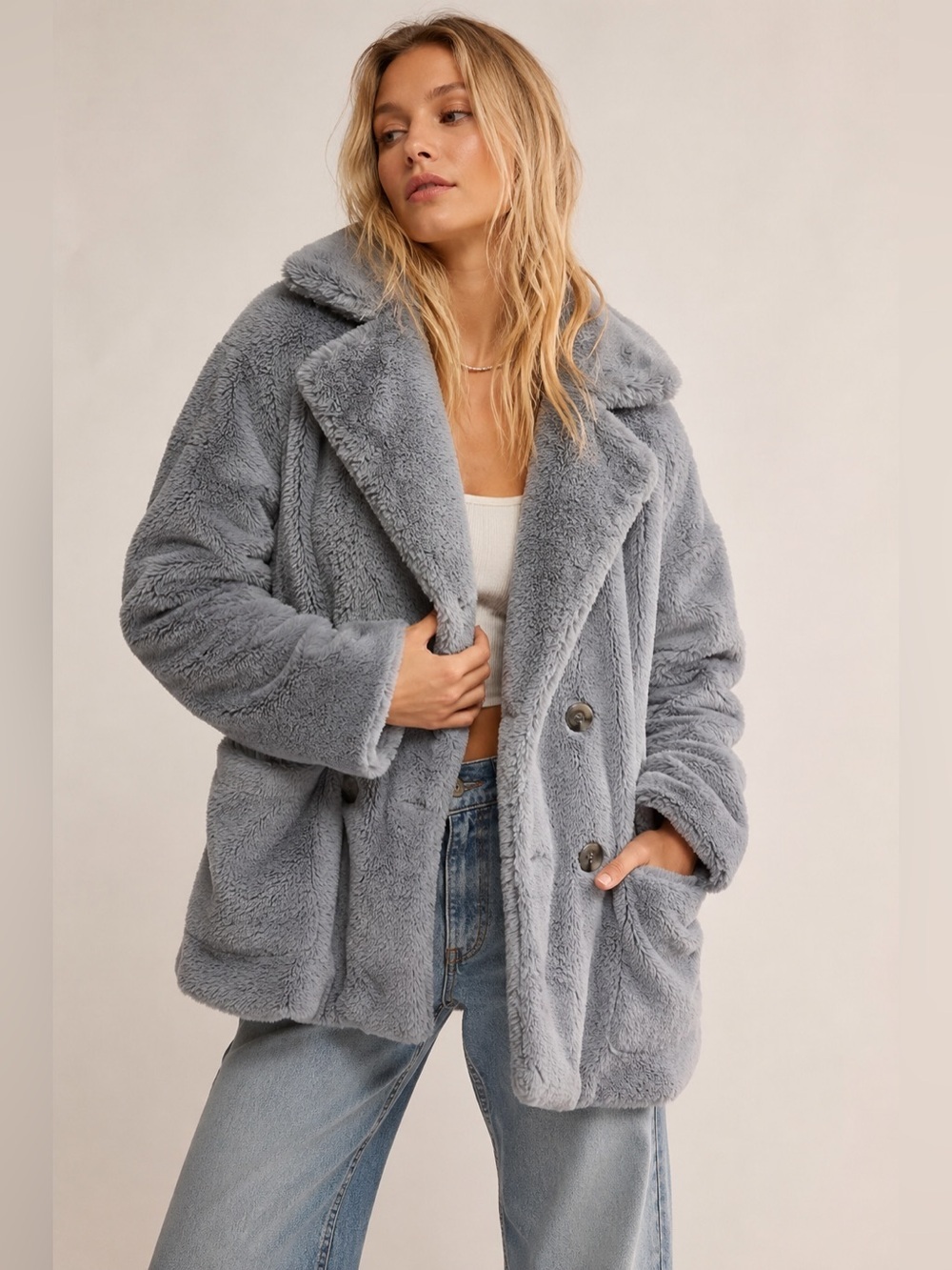 Free People Faux Fur Teddy Peacoat Jacket XS Grey